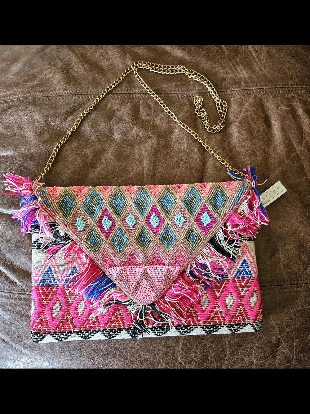 Pink Multicolor Beaded Fringe Shoulder Clutch